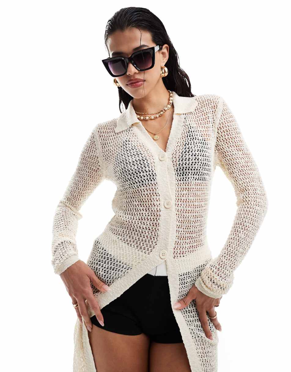 Miss Selfridge beach crochet open stitch maxi cardigan in cream