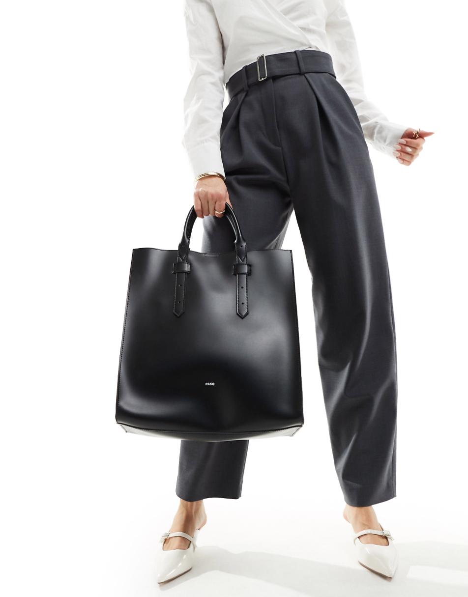 PASQ structured tote bag with detachable crossbody strap in black
