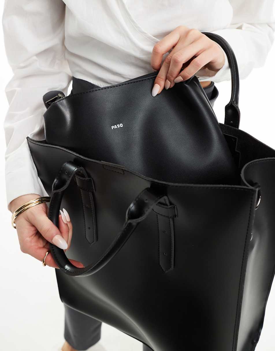 PASQ structured tote bag with detachable crossbody strap in black