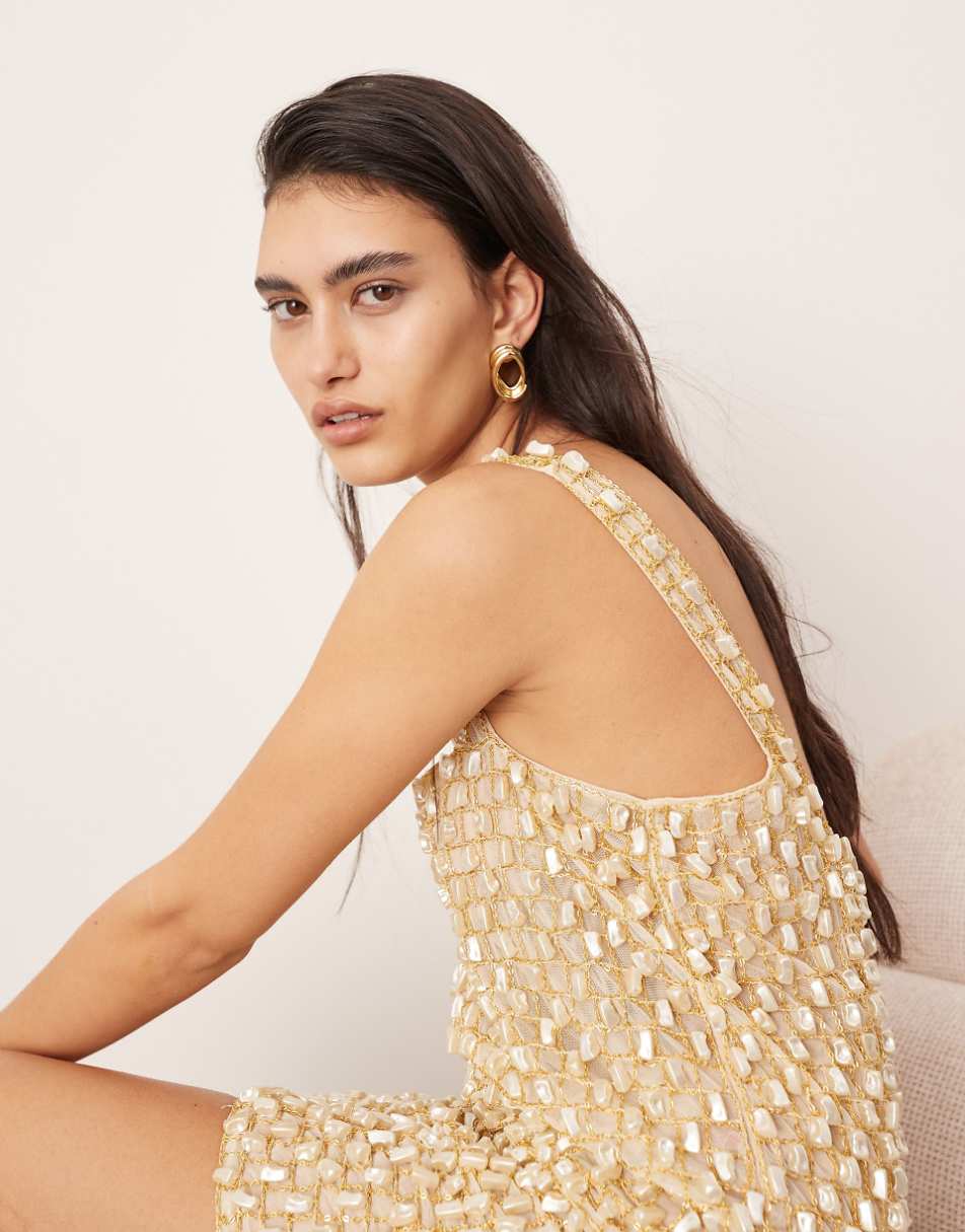 ASOS EDITION embellished pearl and chain mini dress in gold
