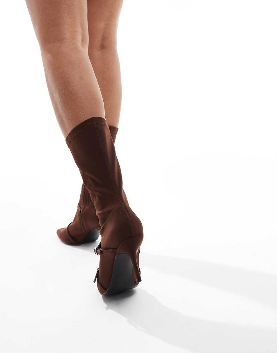 Public Desire Denny heeled pull on Ankle boots with buckles in brown