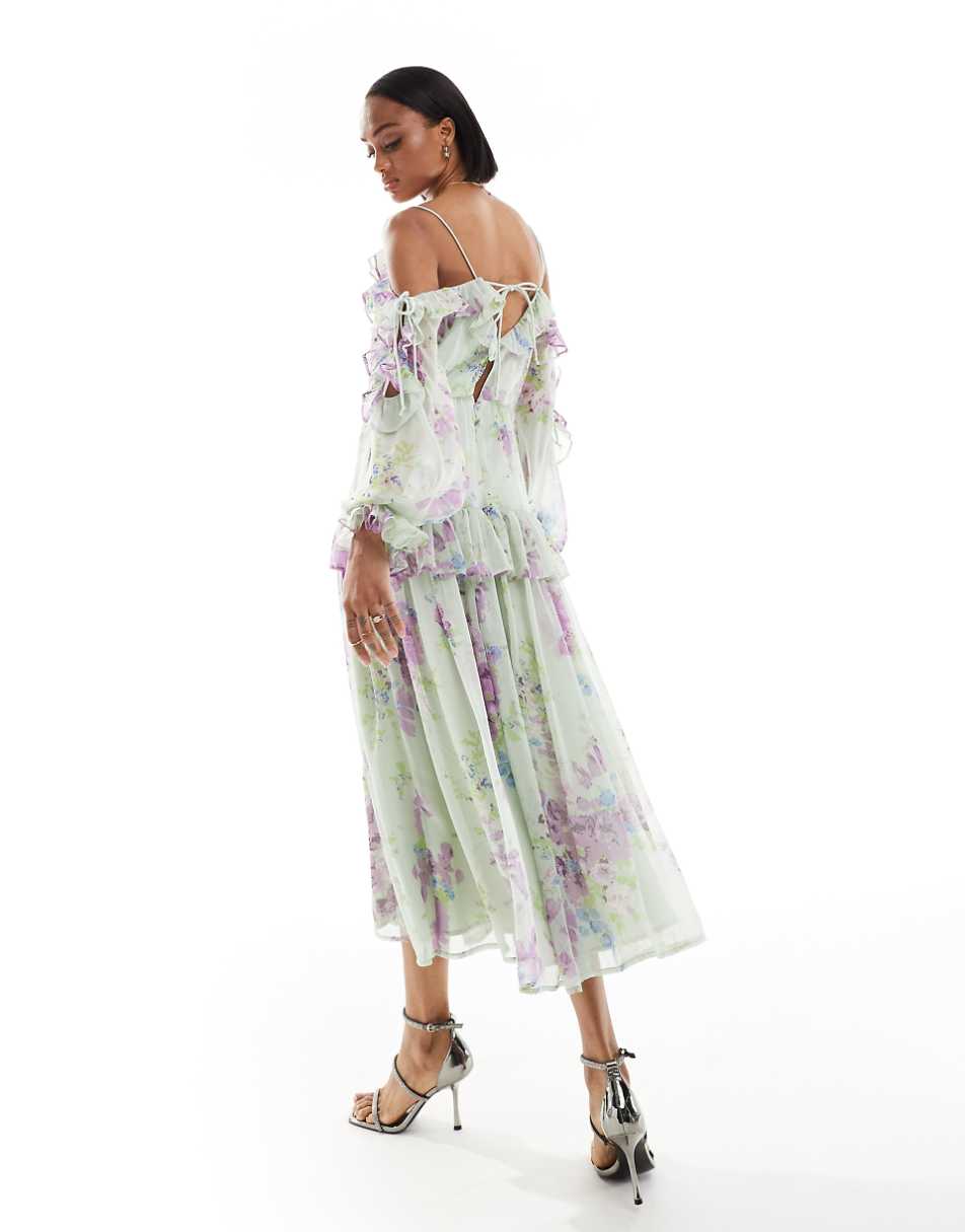 ASOS DESIGN Tall ruffle off shoulder midi dress in green floral print