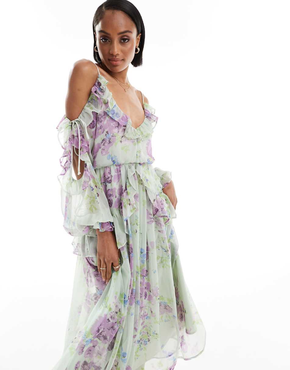 ASOS DESIGN Tall ruffle off shoulder midi dress in green floral print