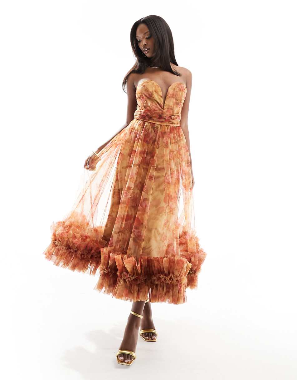 Lace & Beads corset tulle ruffle hem midaxi dress in golden floral