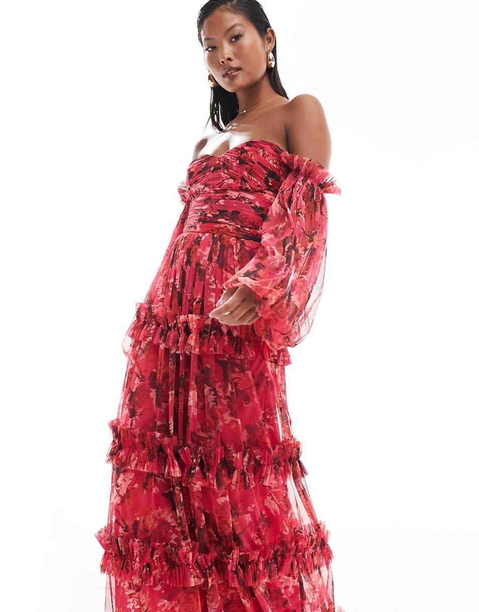 Lace and Beads Petite long sleeve tulle ruffle maxi dress in pink and red
