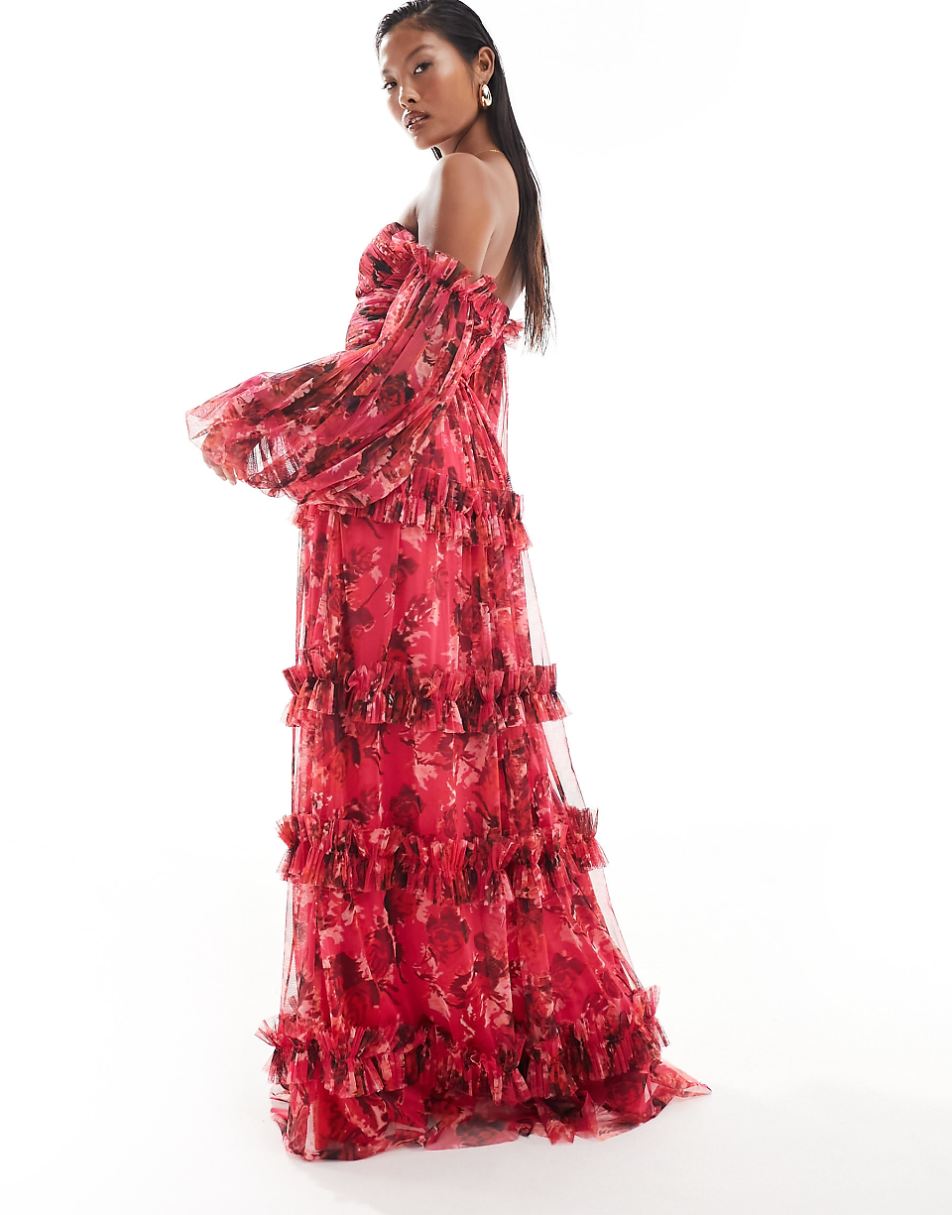 Lace and Beads Petite long sleeve tulle ruffle maxi dress in pink and red