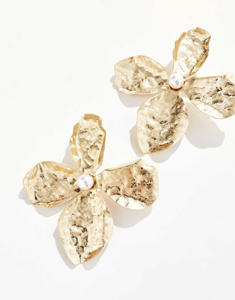 ASOS DESIGN oversized stud earrings with hammered floral design in gold tone