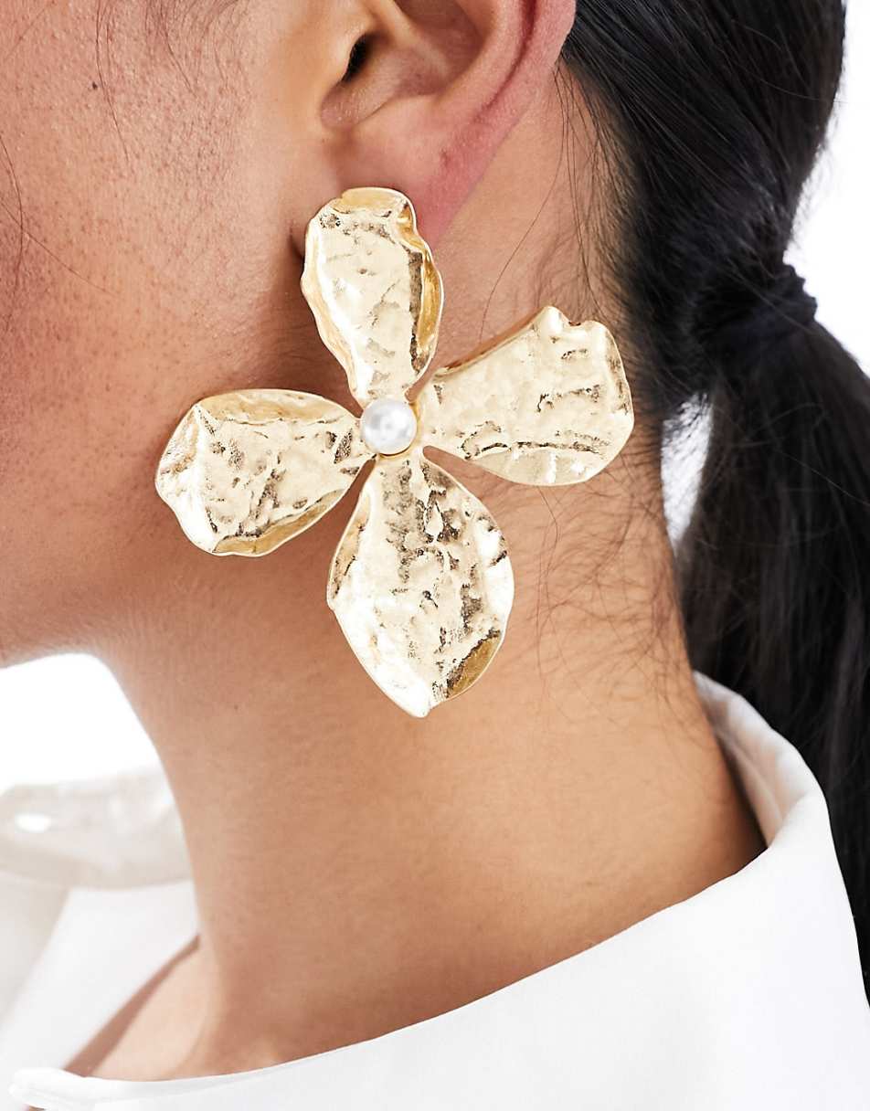 ASOS DESIGN oversized stud earrings with hammered floral design in gold tone