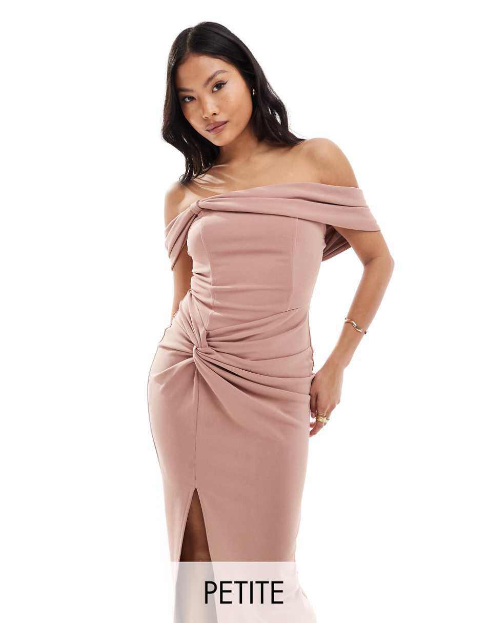 TFNC Bridesmaids Petite off the shoulder maxi dress with pleat in rose brown