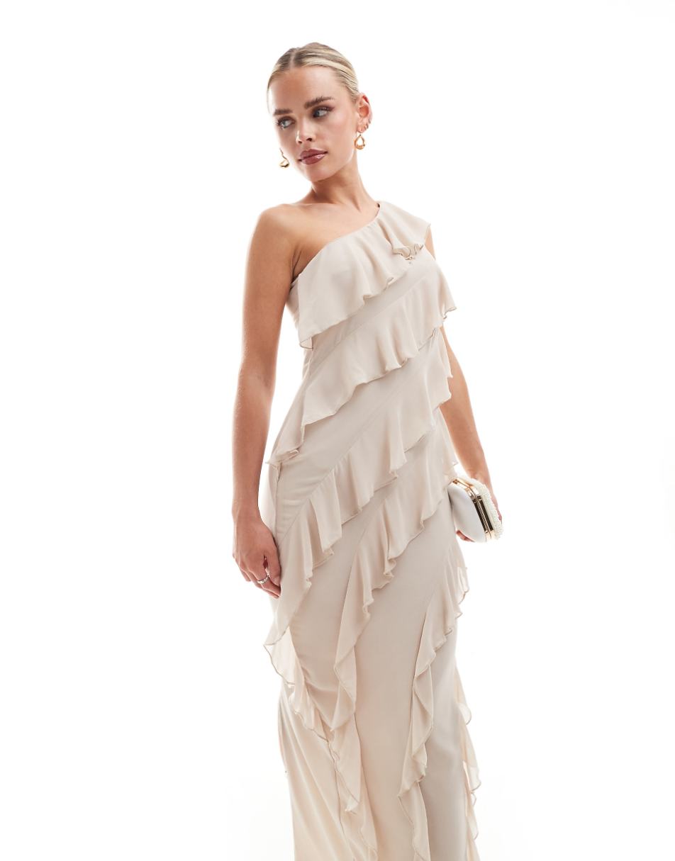 TFNC Bridesmaids Petite chiffon one shoulder maxi dress with frills in ecru