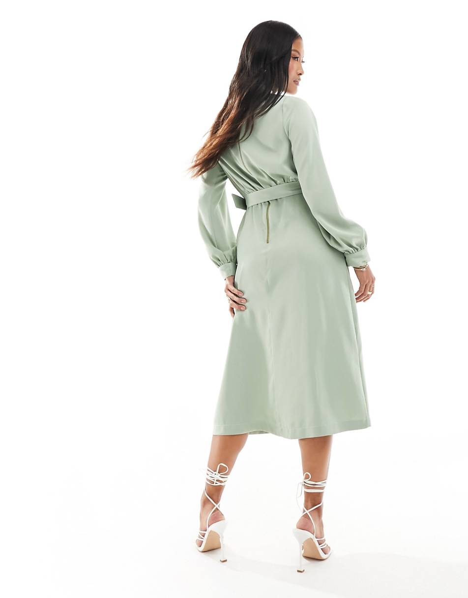 Closet London Petite high neck belted midi dress in sage green