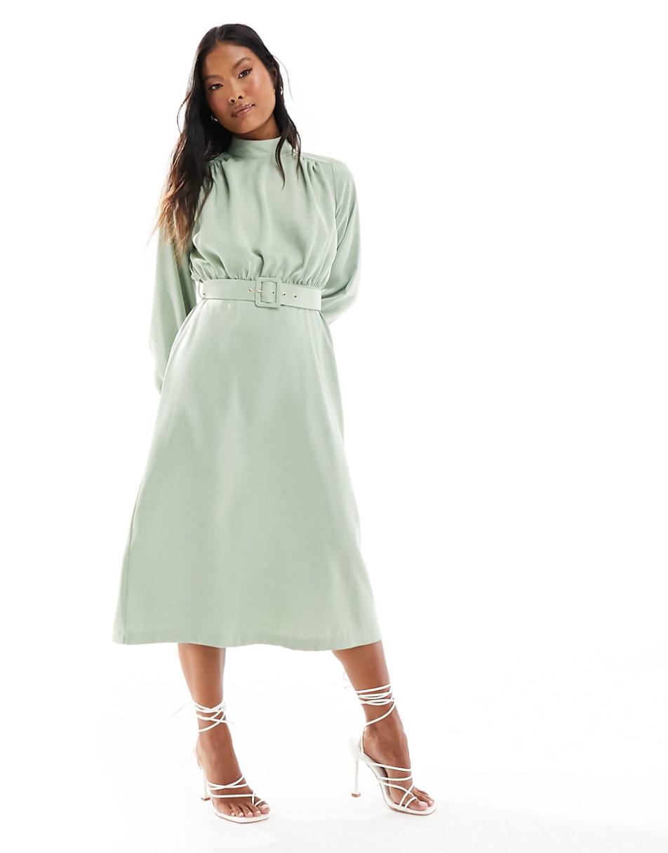 Closet London Petite high neck belted midi dress in sage green
