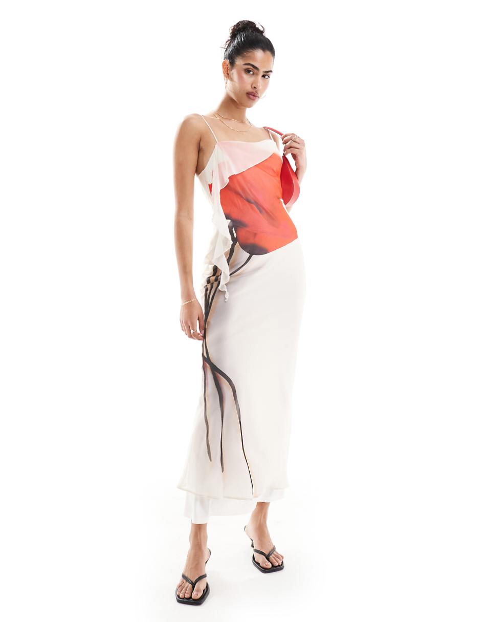 ASOS DESIGN placement print floral midi slip dress with tendril detail