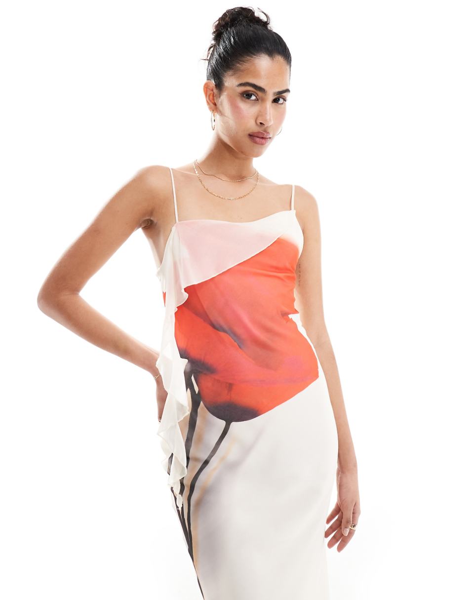 ASOS DESIGN placement print floral midi slip dress with tendril detail