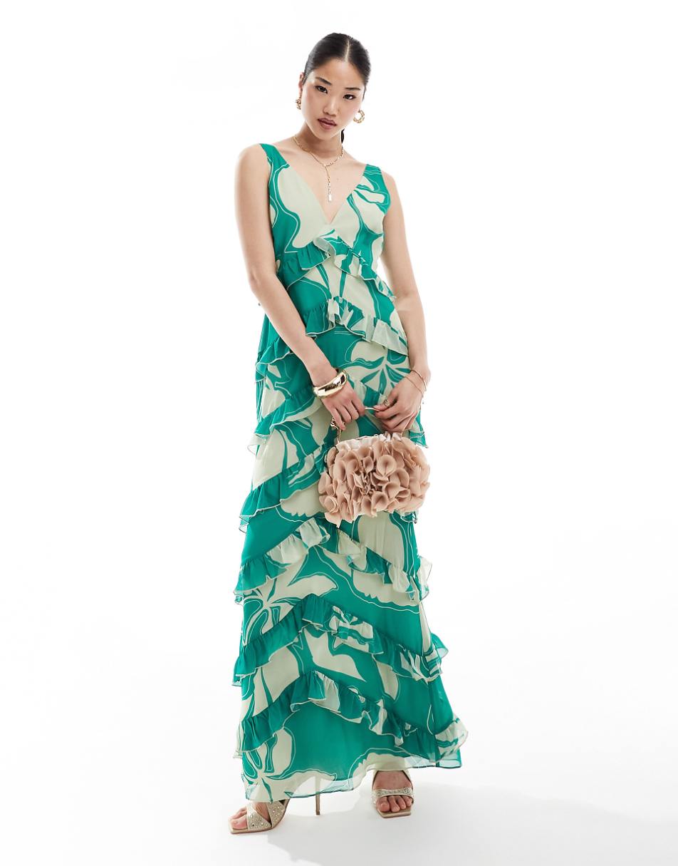 Pretty Lavish Piper ruffle maxi dress in bright jade green floral - Exclusive to ASOS