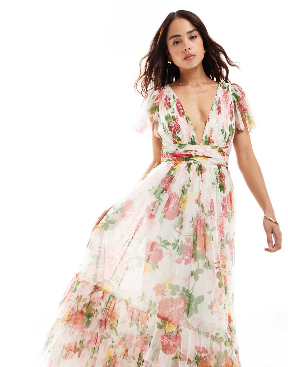 Lace & Beads Bridesmaid Madison v-neck tulle midi dress in bright floral