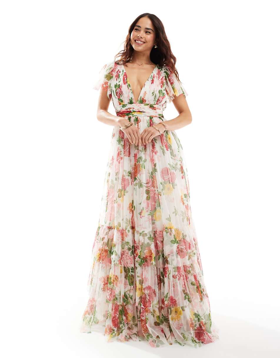 Lace & Beads Bridesmaid Madison v-neck tulle midi dress in bright floral