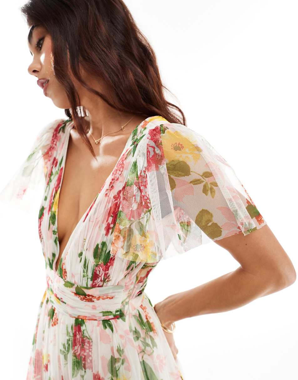 Lace & Beads Bridesmaid Madison v-neck tulle midi dress in bright floral