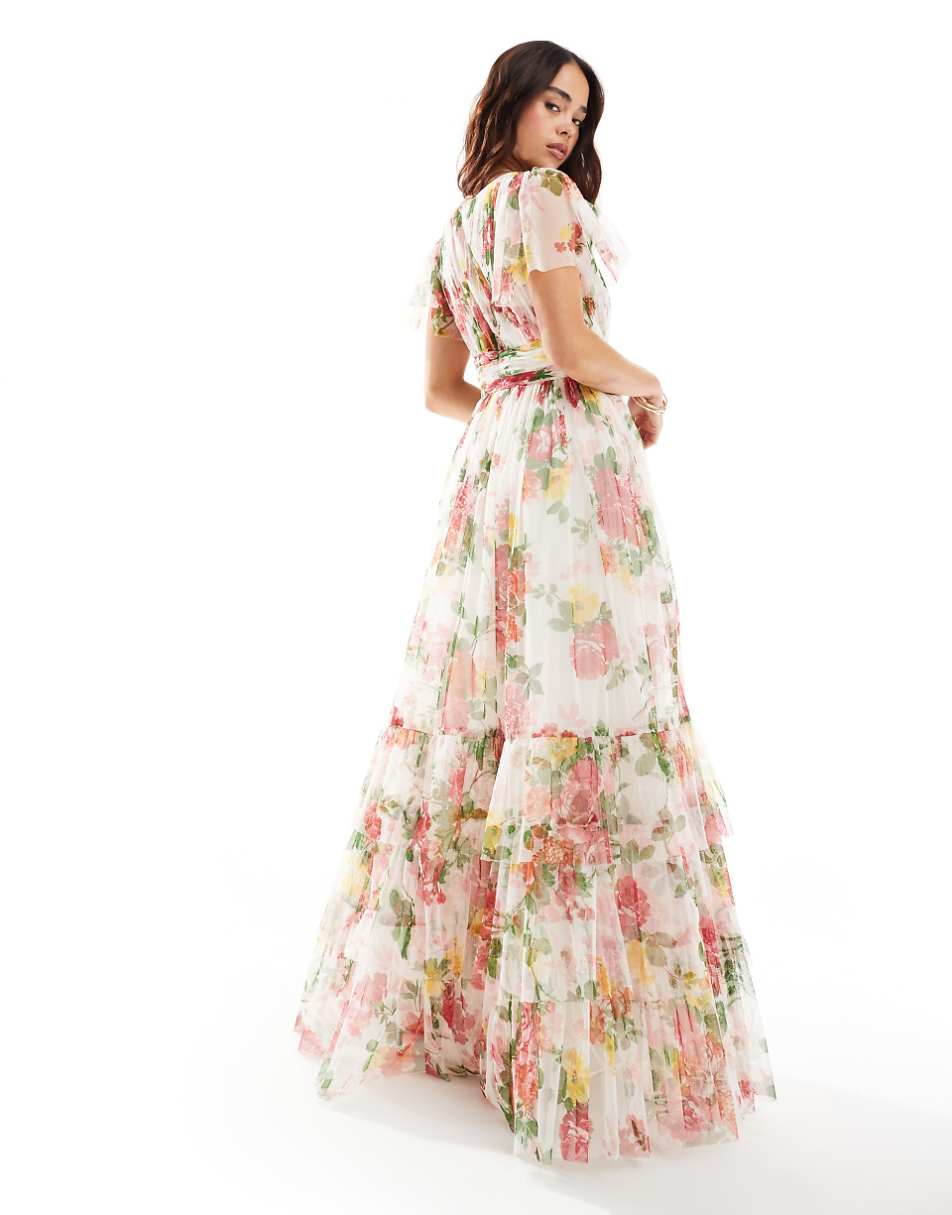 Lace & Beads Bridesmaid Madison v-neck tulle midi dress in bright floral