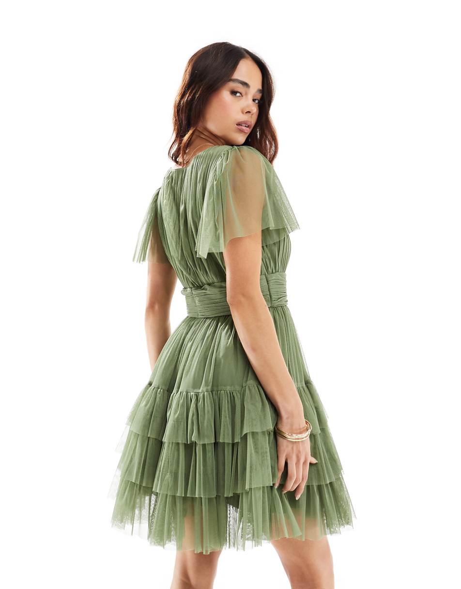 Lace & Beads Bridesmaid Madison v-neck tulle mini dress in soft olive