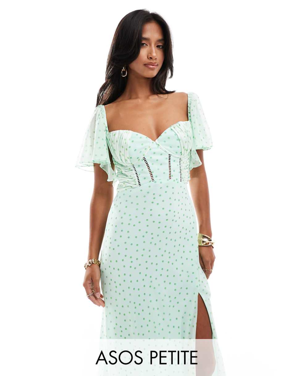 ASOS DESIGN Petite satin corset detail chiffon bias maxi dress with flutter sleeve in micro spot