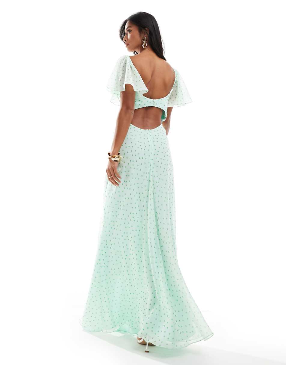 ASOS DESIGN Petite satin corset detail chiffon bias maxi dress with flutter sleeve in micro spot