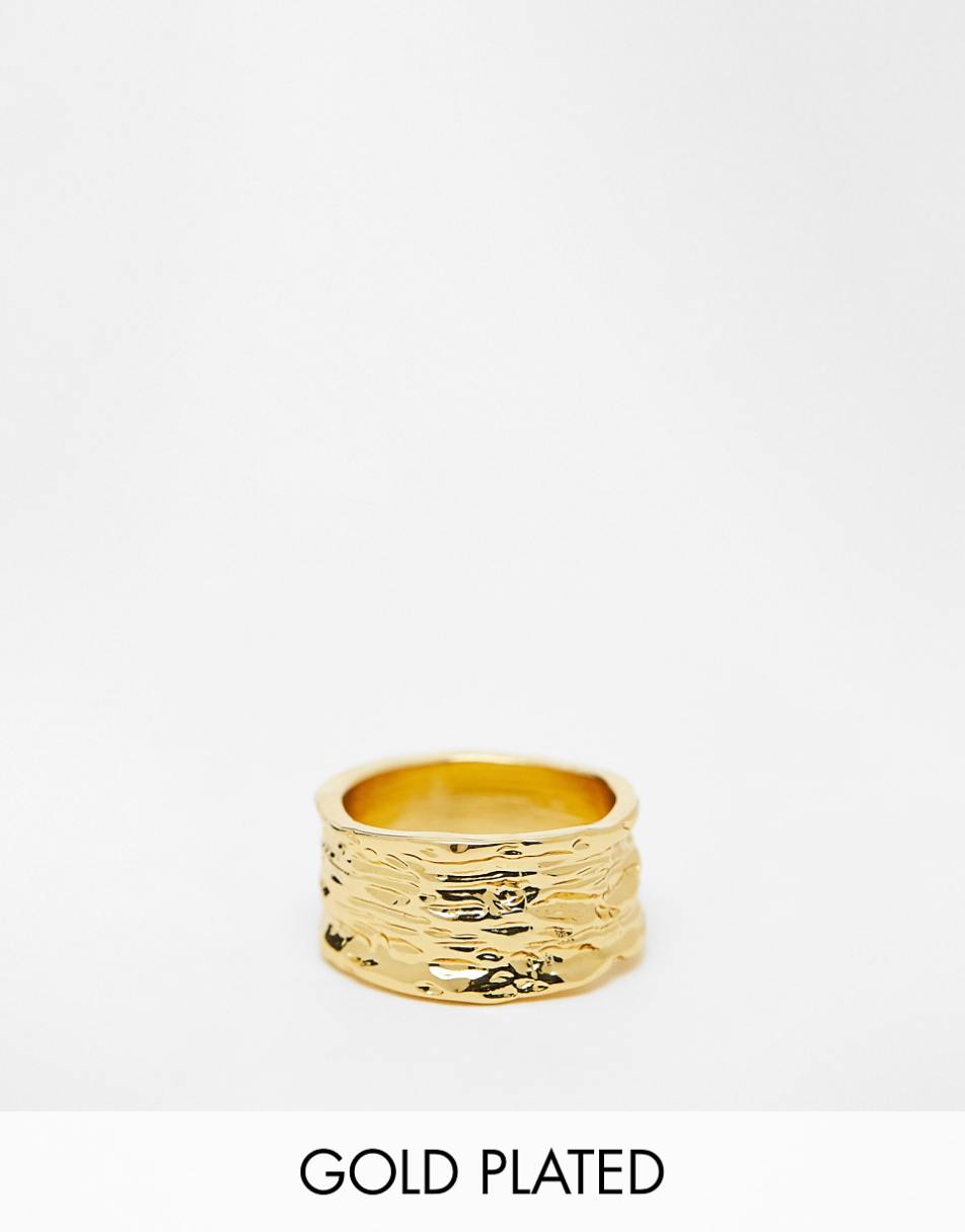 ASOS DESIGN 14k gold plate ring with hammered design in gold tone