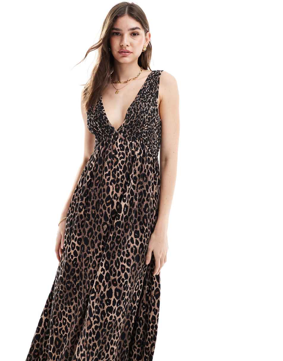 ASOS DESIGN v neck midaxi dress with full hem in leopard print