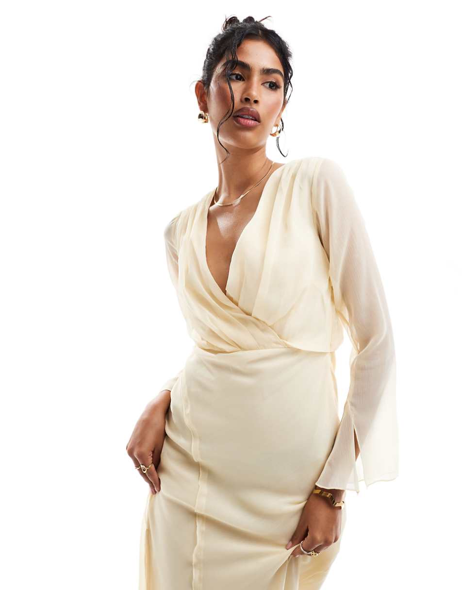 ASOS DESIGN wrap front midi dress with seaming details in buttermilk yellow