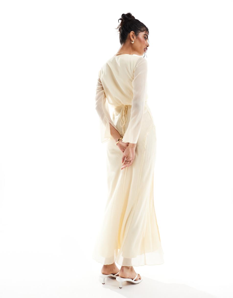 ASOS DESIGN wrap front midi dress with seaming details in buttermilk yellow