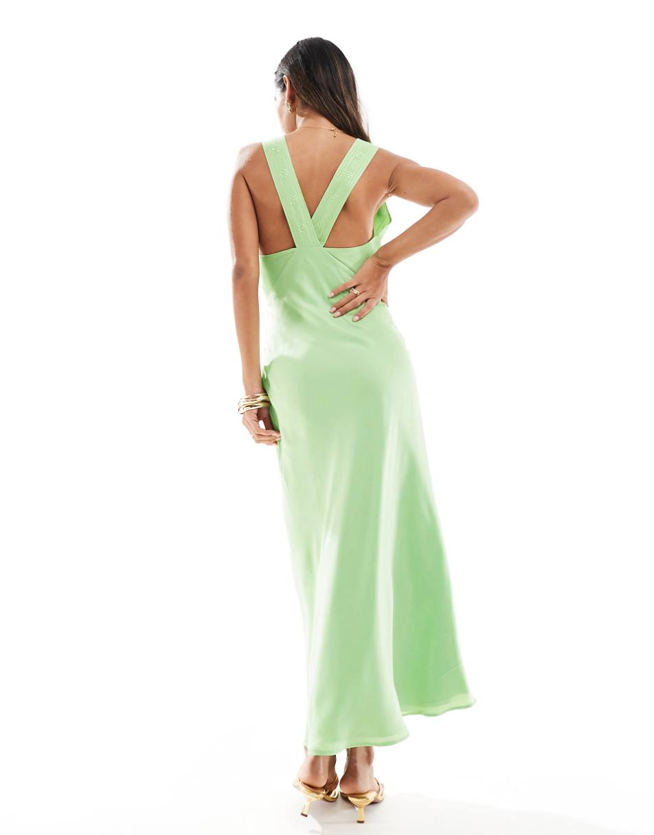 ASOS DESIGN vintage style V neck midi slip dress with delicate embroidery in sage