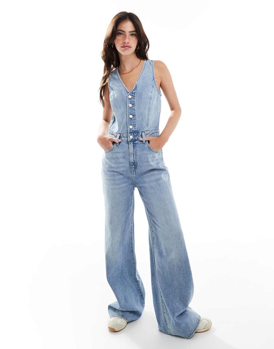 Levi's vest wide leg denim jumpsuit in mid blue