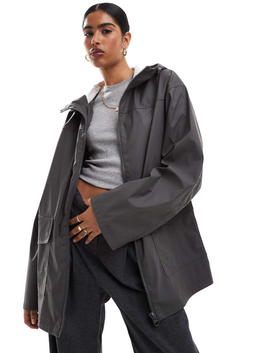 ASOS DESIGN rubberized rain coat in charcoal