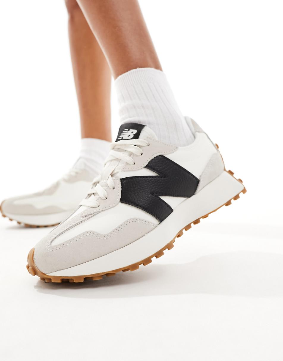 New Balance 327 gum sole sneakers in off white and black