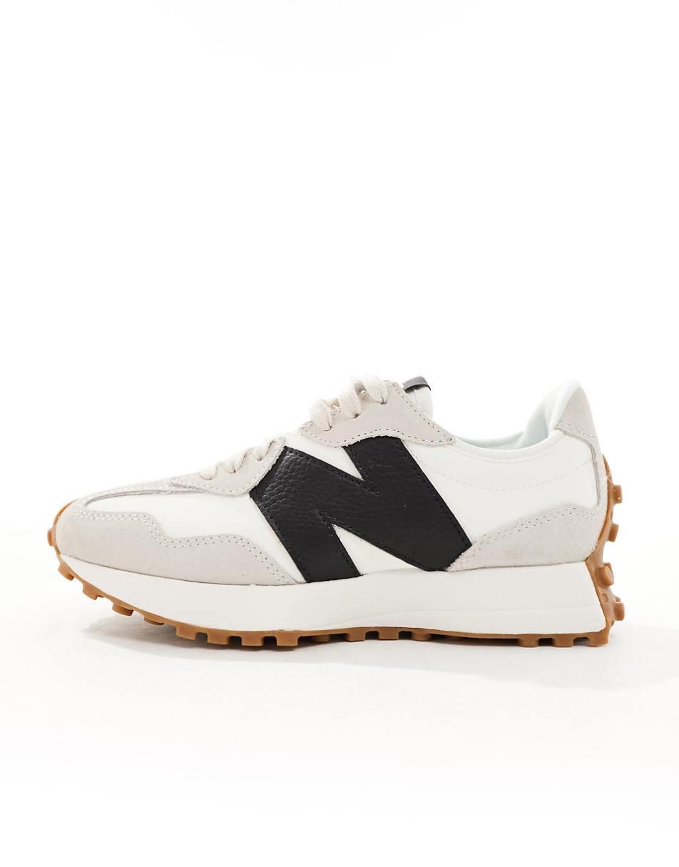 New Balance 327 gum sole sneakers in off white and black