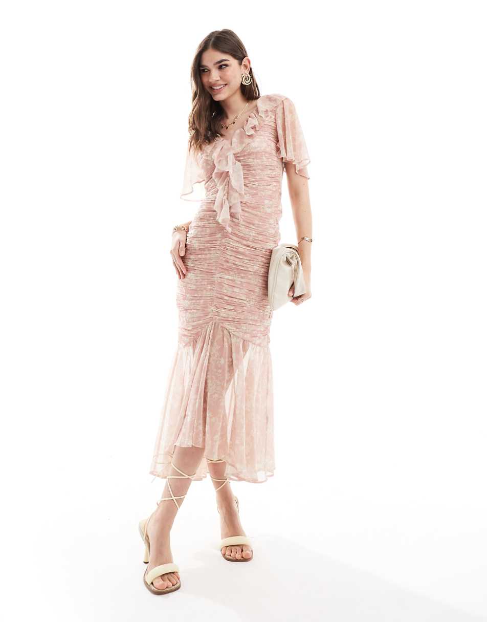ASOS DESIGN ruched high-low hem fitted midi dress in pink floral