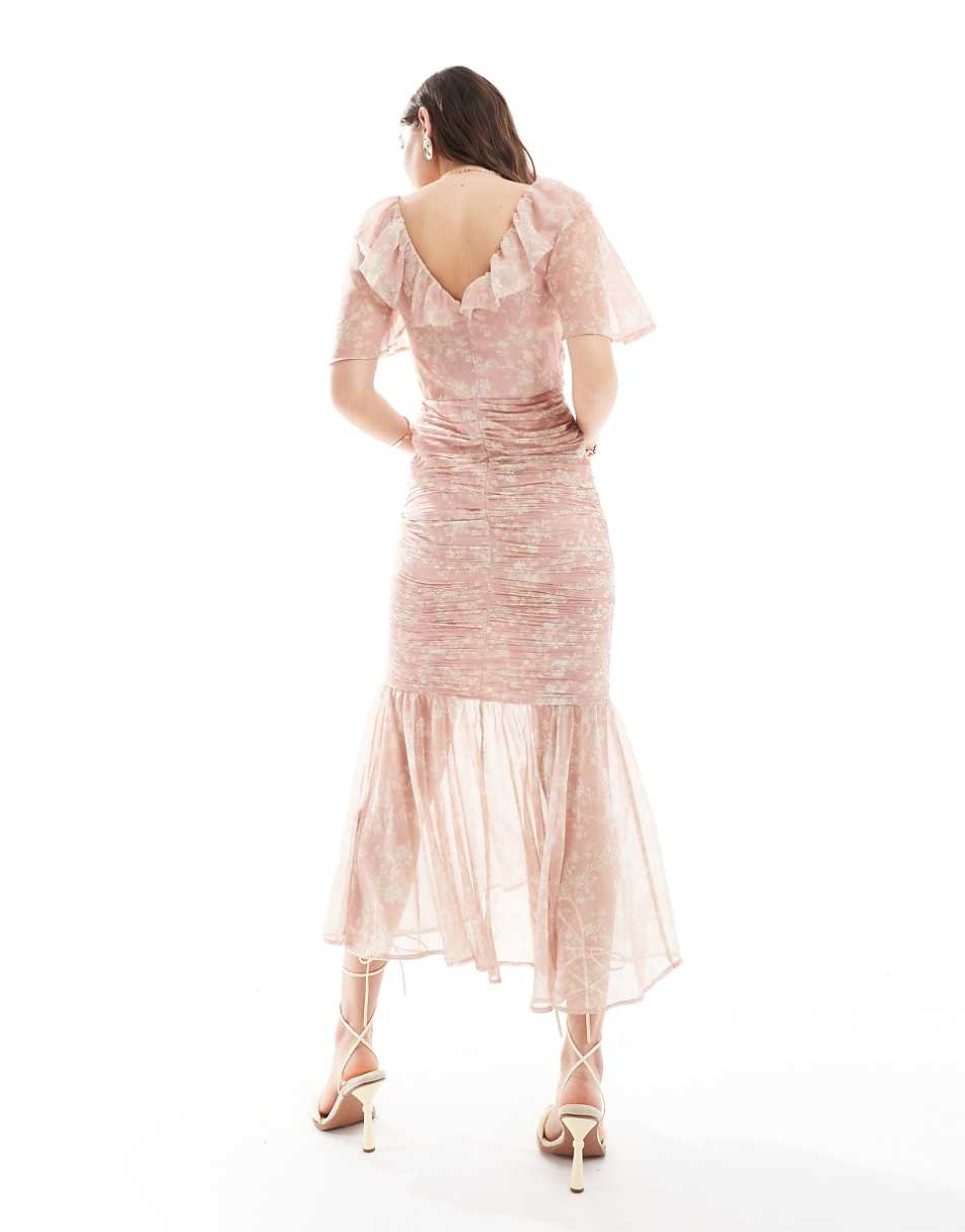 ASOS DESIGN ruched high-low hem fitted midi dress in pink floral