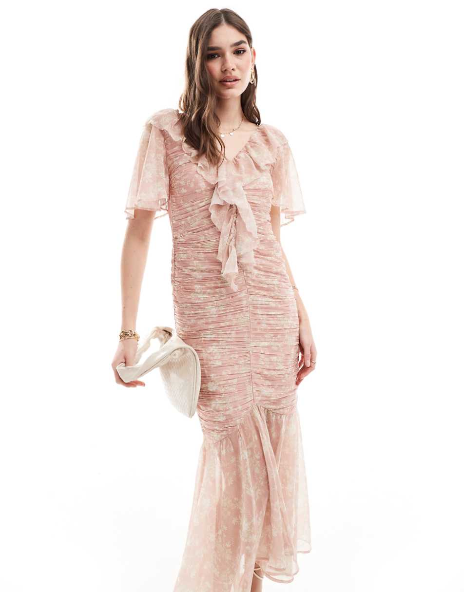 ASOS DESIGN ruched high-low hem fitted midi dress in pink floral