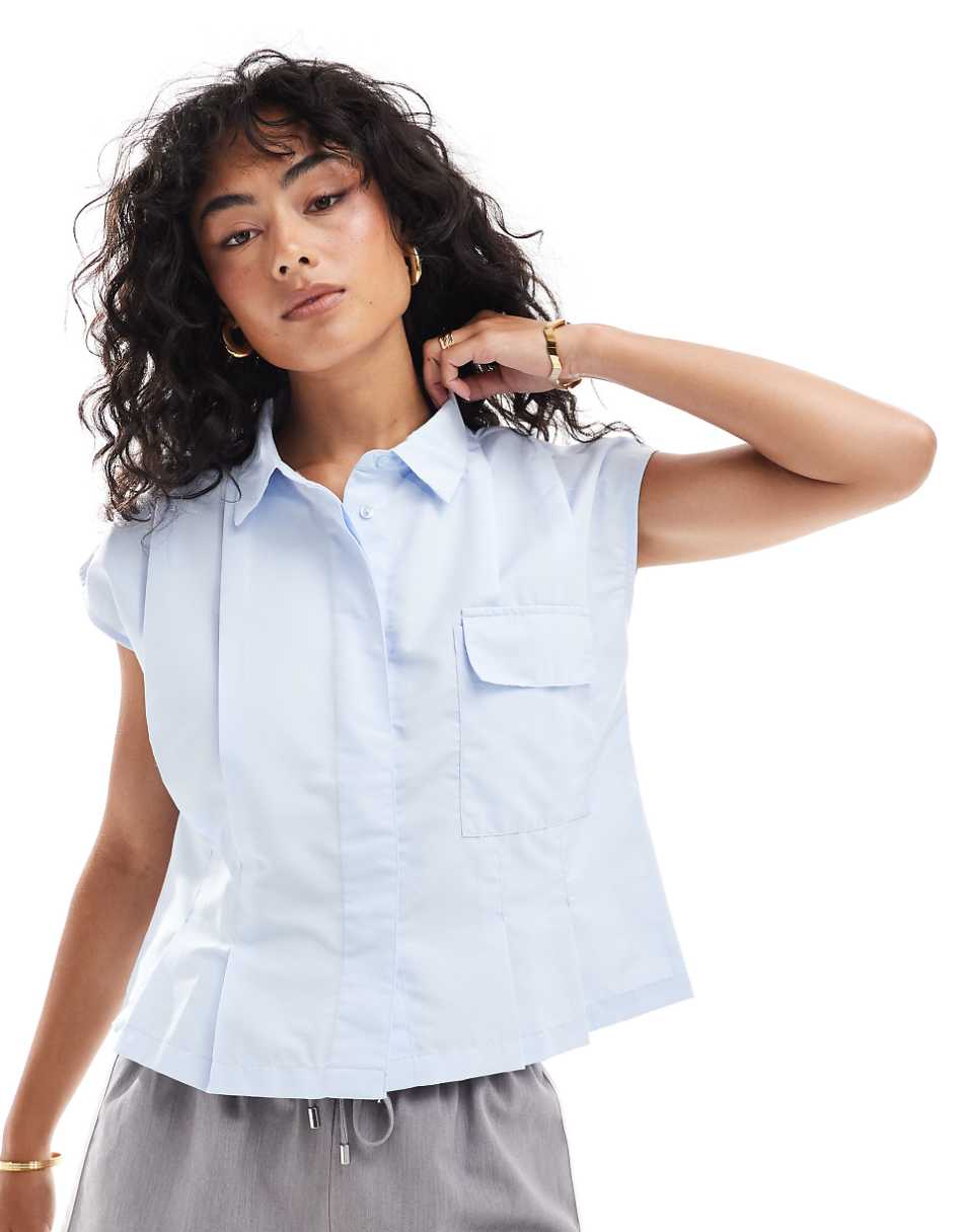 JDY cap sleeve pleated shirt in blue