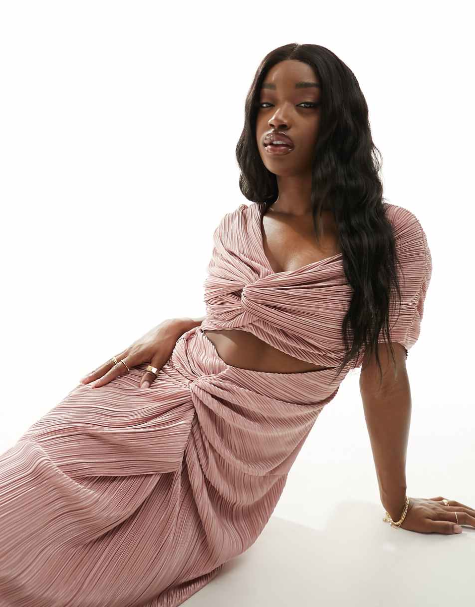 ASOS DESIGN two in one fallen shoulder plisse maxi dress in blush