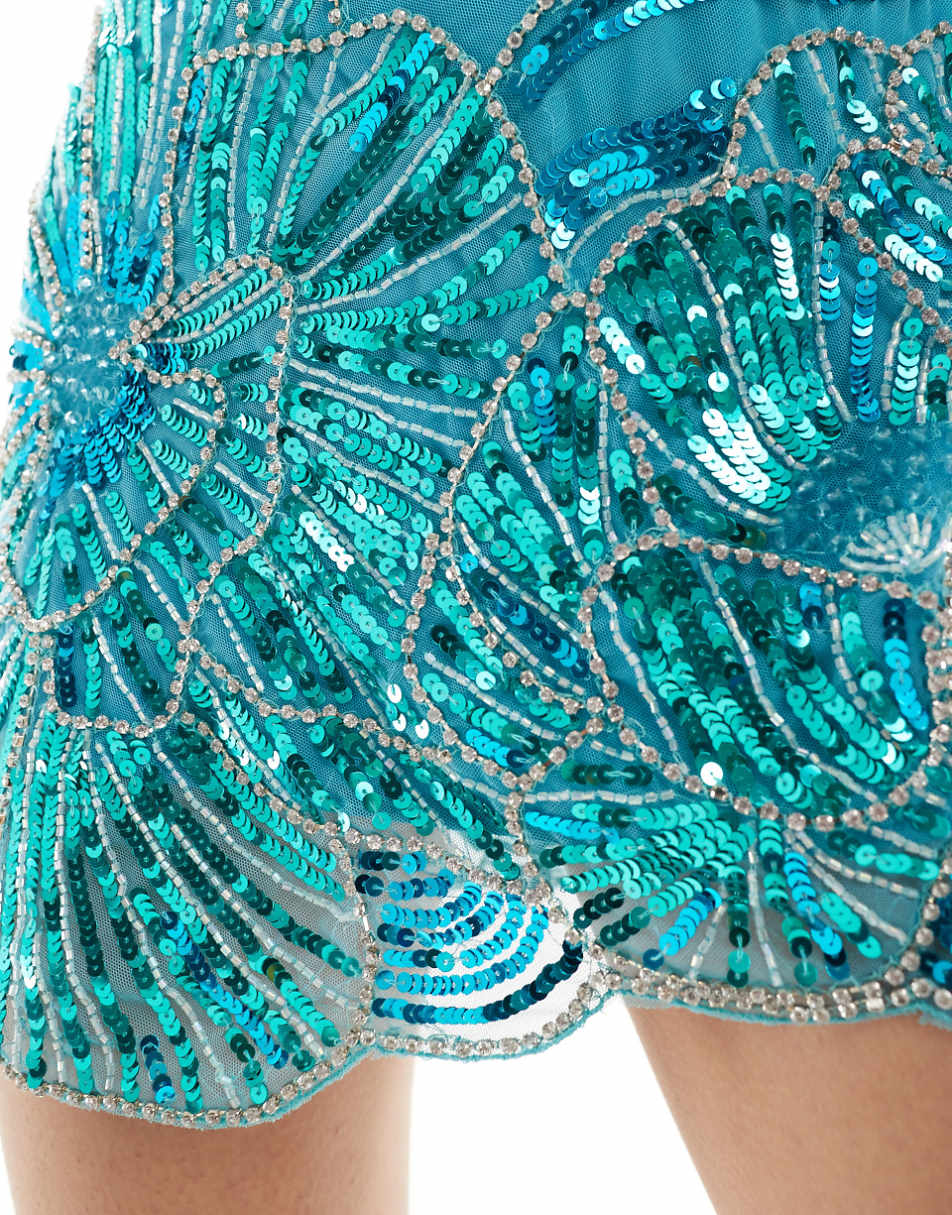 ASOS DESIGN racer back embellished mini dress with allover embellishment in turquoise