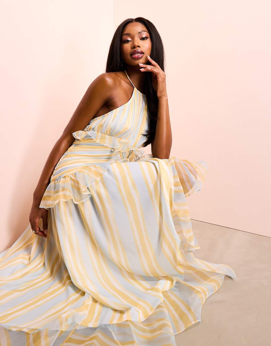 ASOS LUXE organza ruched halter neck maxi dress in stripe print