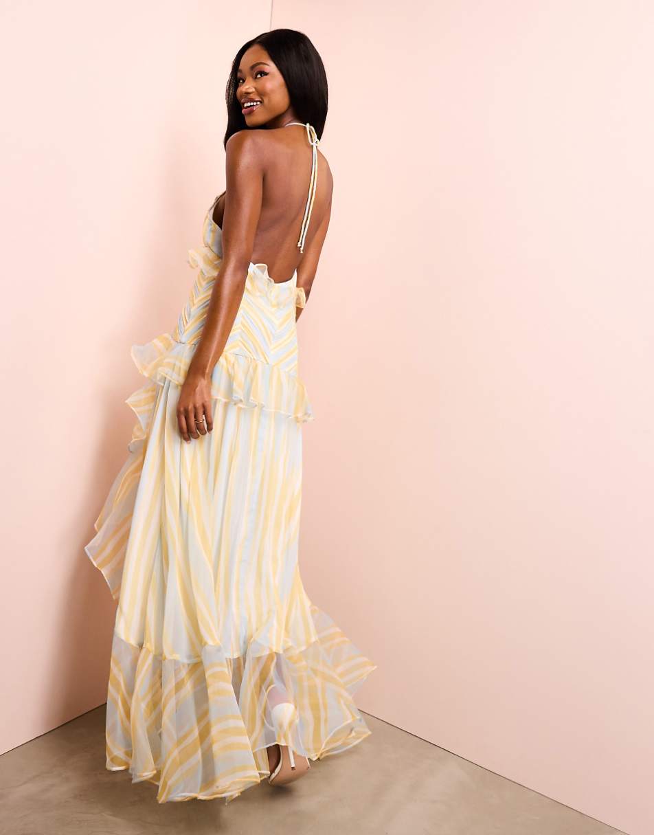 ASOS LUXE organza ruched halter neck maxi dress in stripe print