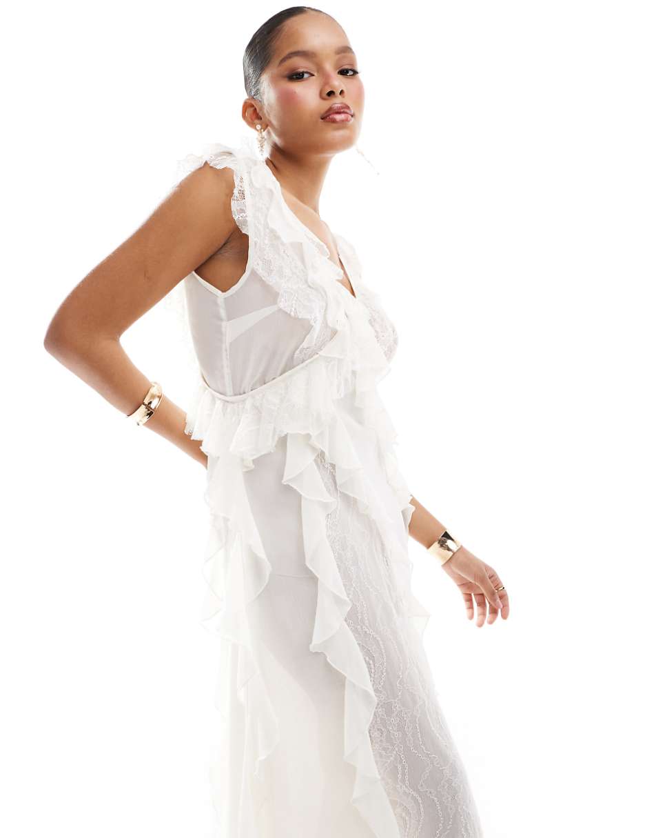 Miss Selfridge chiffon lace mix ruffle detail maxi dress in ivory