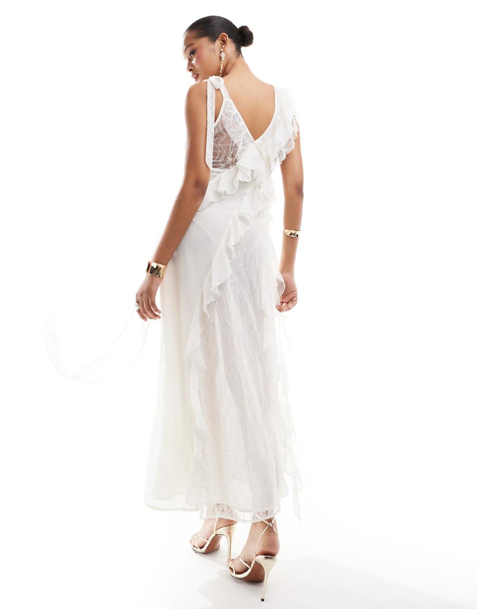 Miss Selfridge chiffon lace mix ruffle detail maxi dress in ivory
