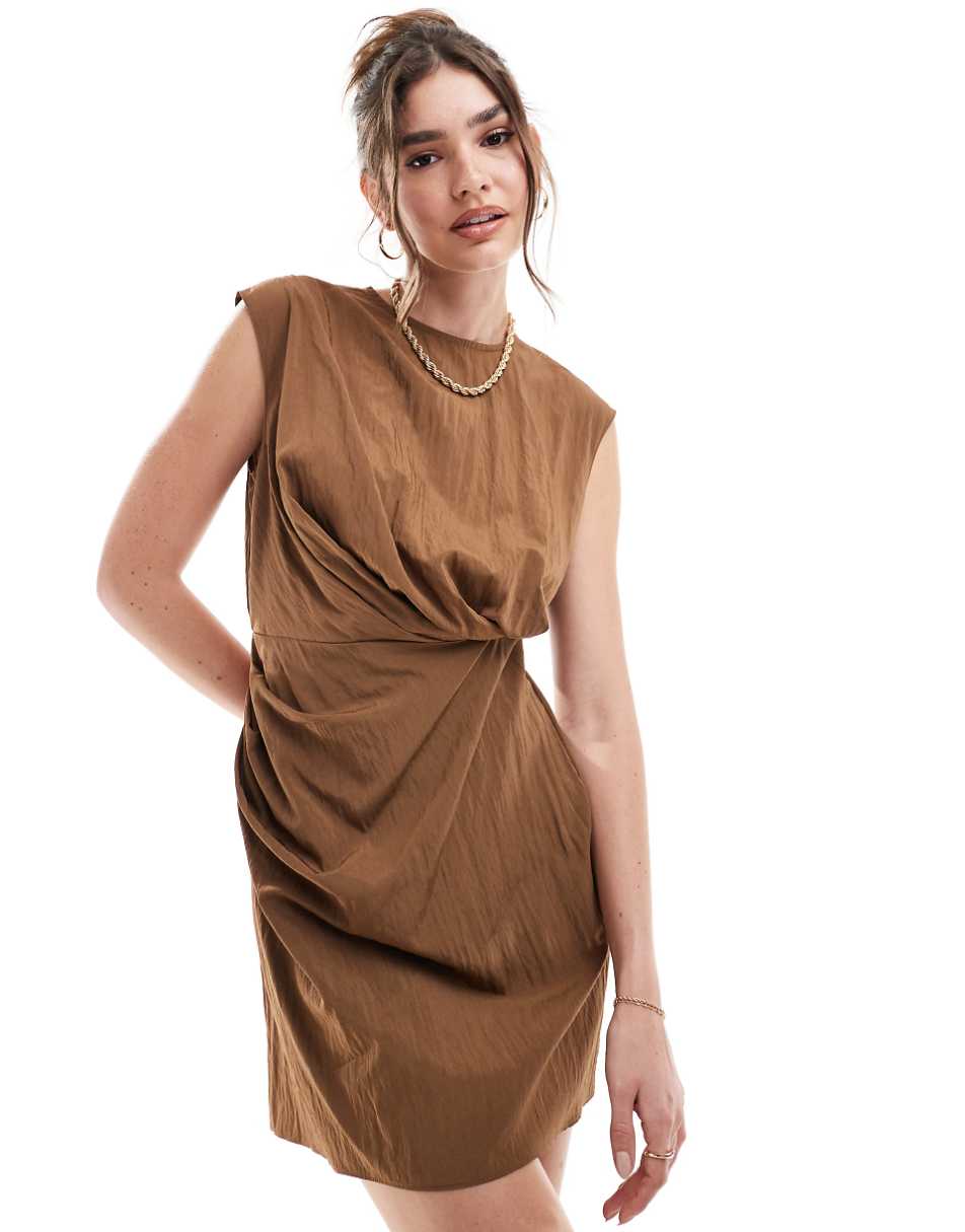 ASOS DESIGN sleeveless mini dress with drape detailing in brown