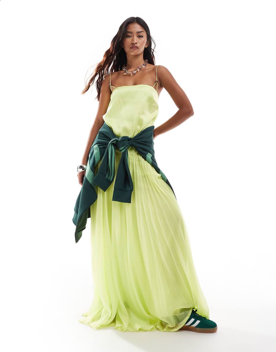 ASOS DESIGN satin cami trapeze dress with pleated skirt in lime