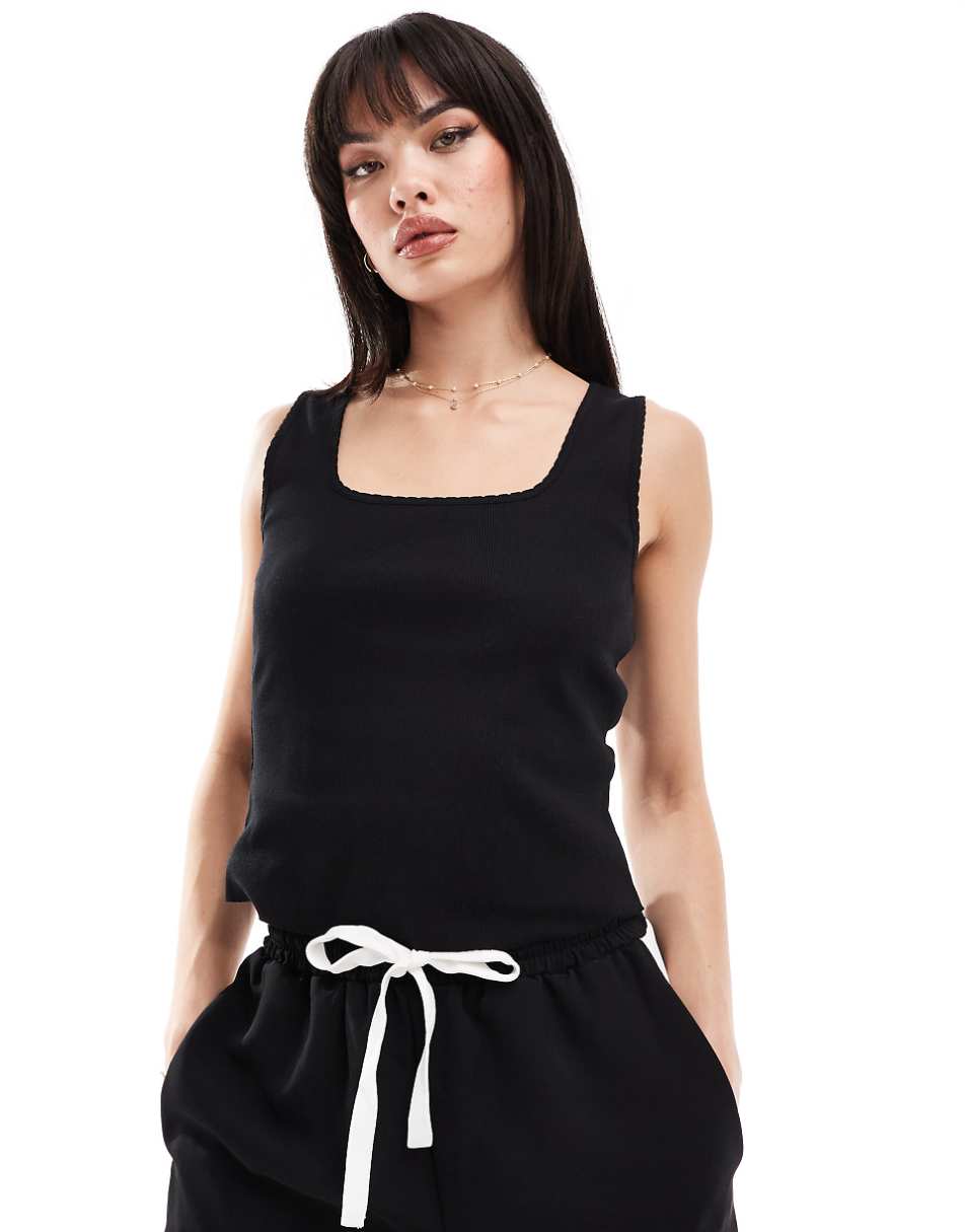 ASOS DESIGN square neck lace trim tank top in black