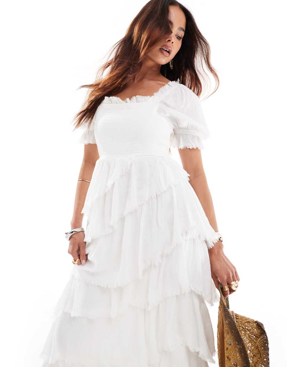 Miss Selfridge textured asym hem tiered maxi dress in white