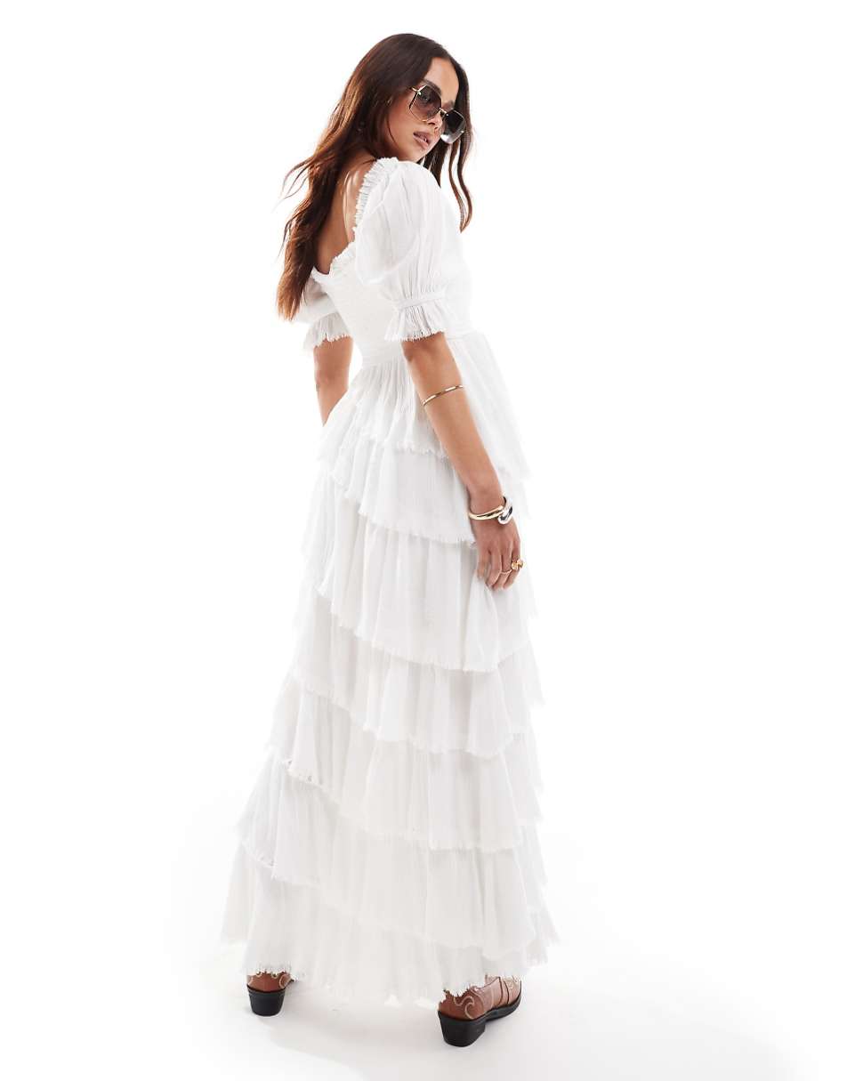 Miss Selfridge textured asym hem tiered maxi dress in white